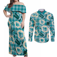 Aloha Hawaii Paniolo Teal Palaka Couples Matching Off Shoulder Maxi Dress and Long Sleeve Button Shirt Coastal Rodeo - Polynesian Pride