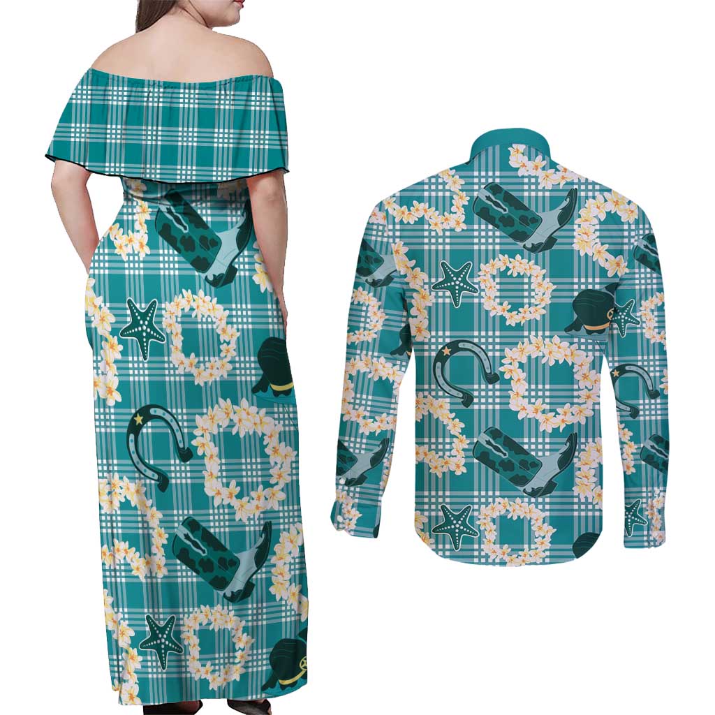 Aloha Hawaii Paniolo Teal Palaka Couples Matching Off Shoulder Maxi Dress and Long Sleeve Button Shirt Coastal Rodeo - Polynesian Pride