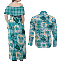 Aloha Hawaii Paniolo Teal Palaka Couples Matching Off Shoulder Maxi Dress and Long Sleeve Button Shirt Coastal Rodeo - Polynesian Pride