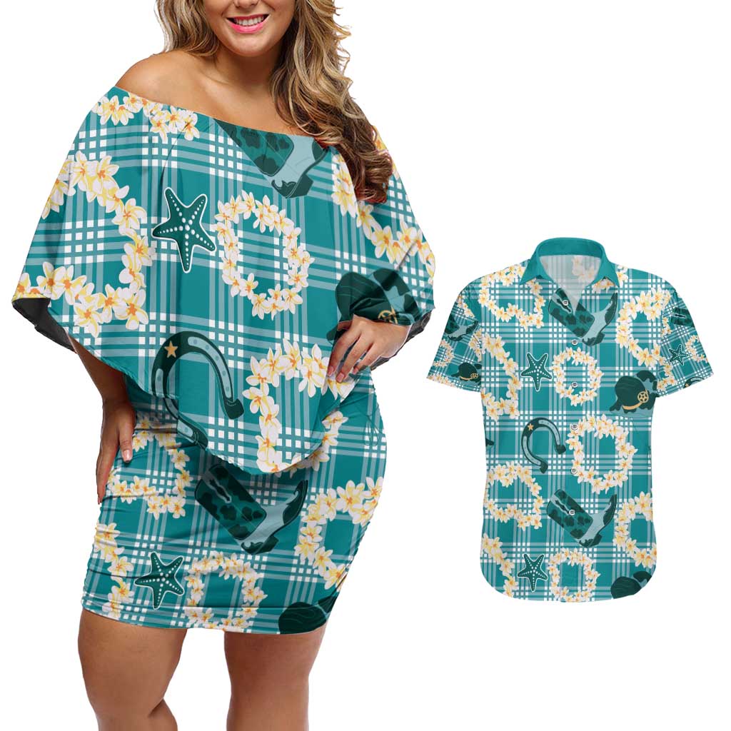 Aloha Hawaii Paniolo Teal Palaka Couples Matching Off Shoulder Short Dress and Hawaiian Shirt Coastal Rodeo - Polynesian Pride