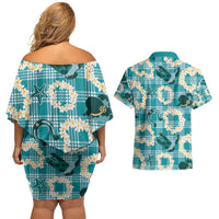Aloha Hawaii Paniolo Teal Palaka Couples Matching Off Shoulder Short Dress and Hawaiian Shirt Coastal Rodeo - Polynesian Pride