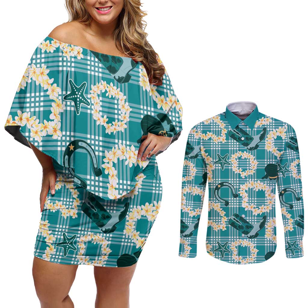 Aloha Hawaii Paniolo Teal Palaka Couples Matching Off Shoulder Short Dress and Long Sleeve Button Shirt Coastal Rodeo - Polynesian Pride