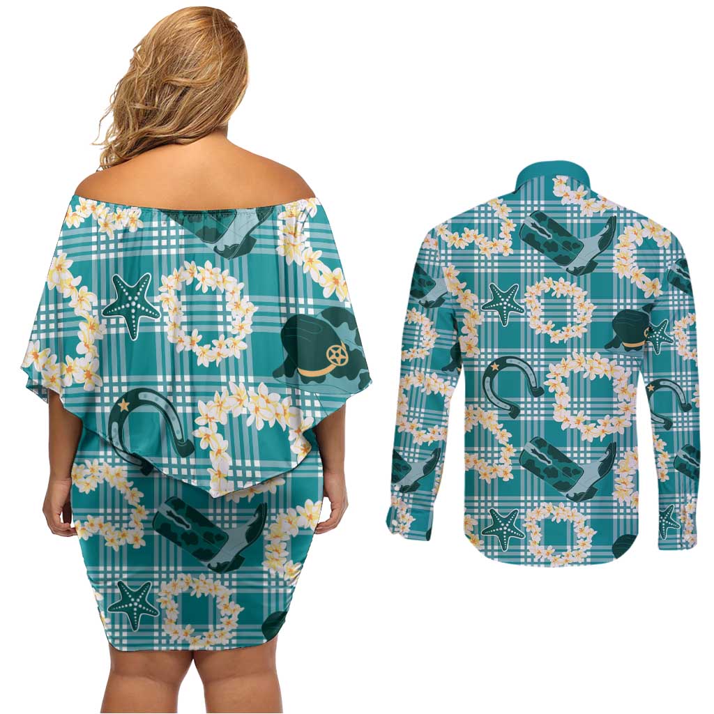 Aloha Hawaii Paniolo Teal Palaka Couples Matching Off Shoulder Short Dress and Long Sleeve Button Shirt Coastal Rodeo - Polynesian Pride