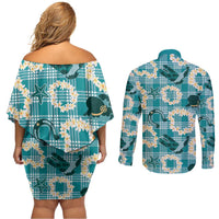 Aloha Hawaii Paniolo Teal Palaka Couples Matching Off Shoulder Short Dress and Long Sleeve Button Shirt Coastal Rodeo - Polynesian Pride
