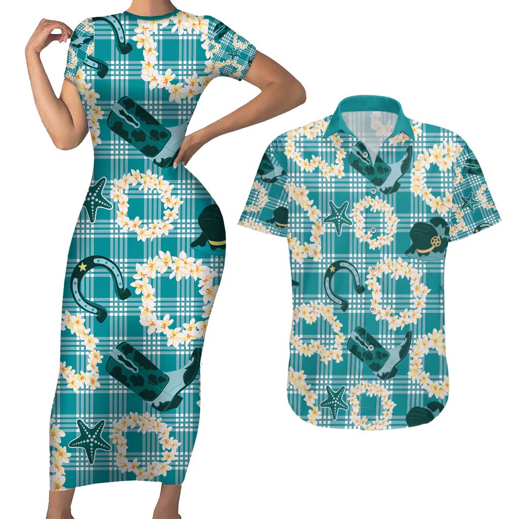 Aloha Hawaii Paniolo Teal Palaka Couples Matching Short Sleeve Bodycon Dress and Hawaiian Shirt Coastal Rodeo - Polynesian Pride