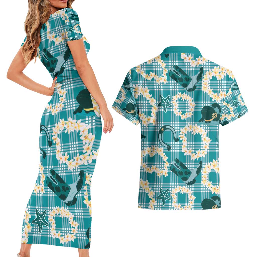 Aloha Hawaii Paniolo Teal Palaka Couples Matching Short Sleeve Bodycon Dress and Hawaiian Shirt Coastal Rodeo - Polynesian Pride