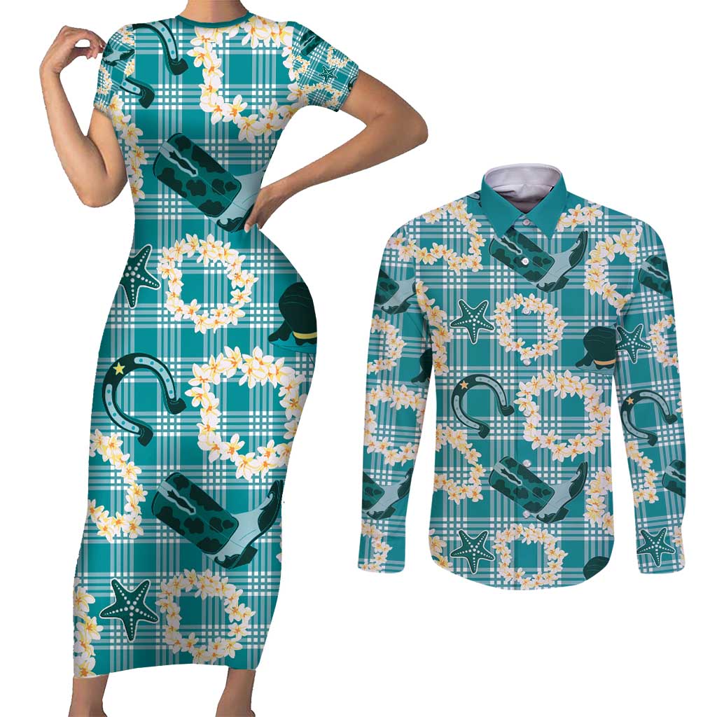 Aloha Hawaii Paniolo Teal Palaka Couples Matching Short Sleeve Bodycon Dress and Long Sleeve Button Shirt Coastal Rodeo - Polynesian Pride