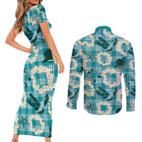 Aloha Hawaii Paniolo Teal Palaka Couples Matching Short Sleeve Bodycon Dress and Long Sleeve Button Shirt Coastal Rodeo - Polynesian Pride
