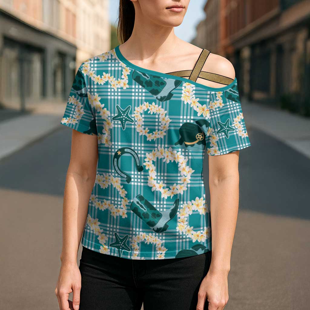 Aloha Hawaii Paniolo Teal Palaka Cross Shoulder Shirt Coastal Rodeo - Polynesian Pride