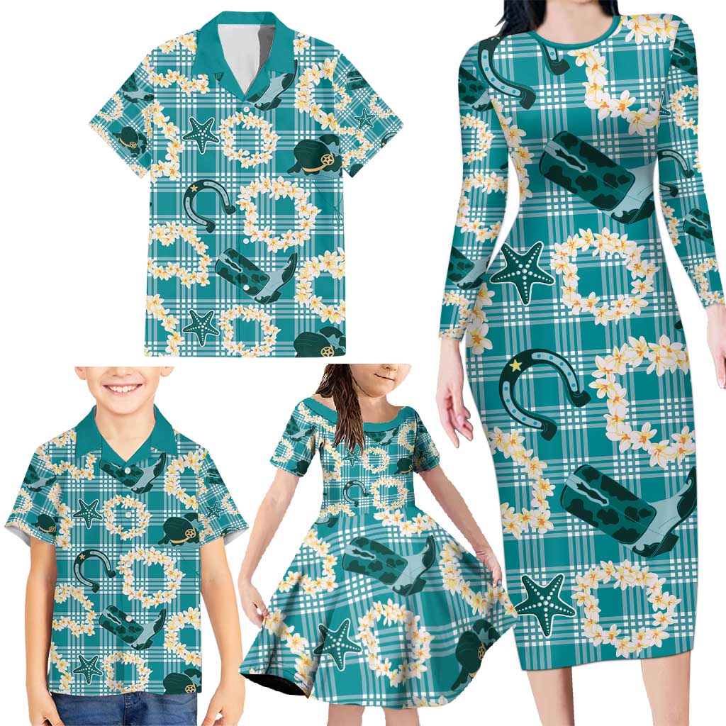 Aloha Hawaii Paniolo Teal Palaka Family Matching Long Sleeve Bodycon Dress and Hawaiian Shirt Coastal Rodeo - Polynesian Pride