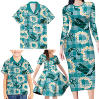 Aloha Hawaii Paniolo Teal Palaka Family Matching Long Sleeve Bodycon Dress and Hawaiian Shirt Coastal Rodeo - Polynesian Pride