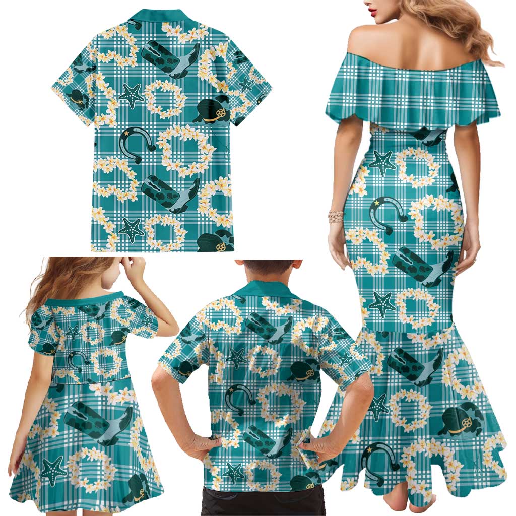 Aloha Hawaii Paniolo Teal Palaka Family Matching Mermaid Dress and Hawaiian Shirt Coastal Rodeo - Polynesian Pride