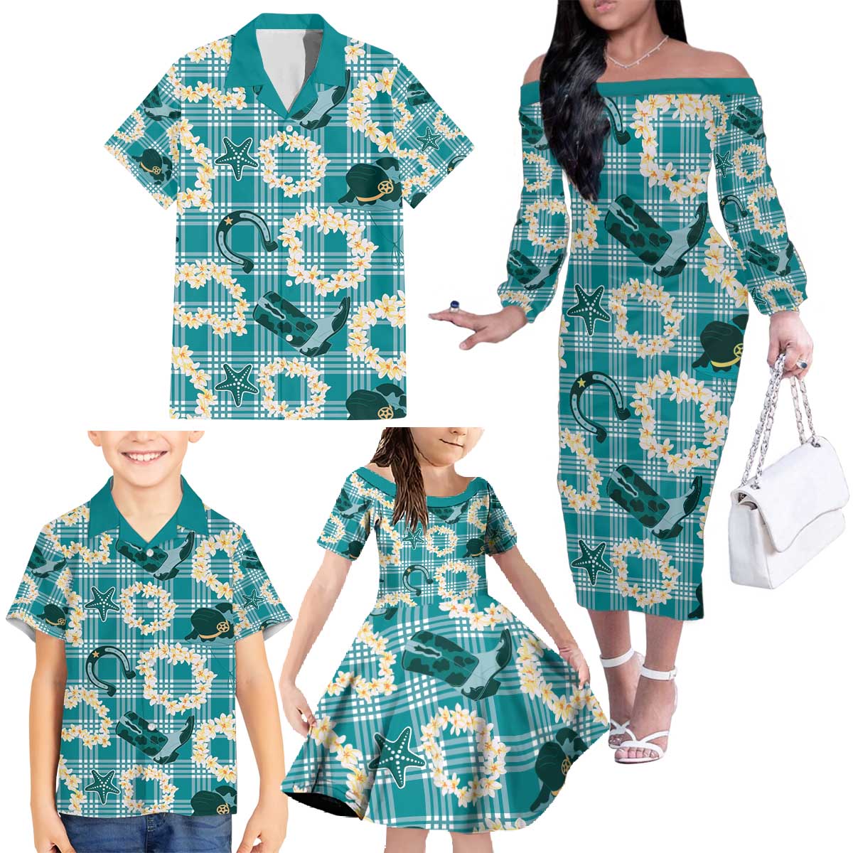Aloha Hawaii Paniolo Teal Palaka Family Matching Off The Shoulder Long Sleeve Dress and Hawaiian Shirt Coastal Rodeo - Polynesian Pride