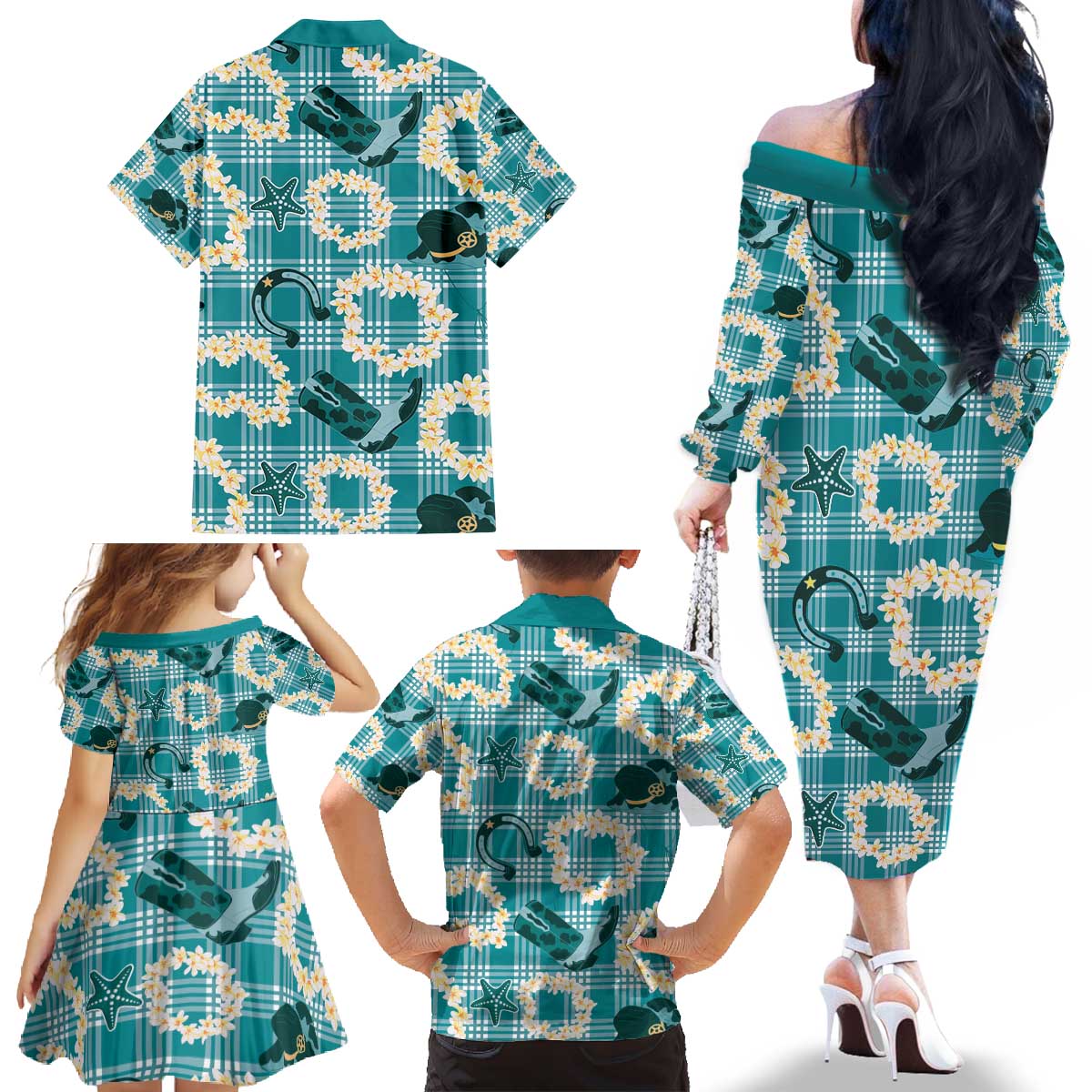 Aloha Hawaii Paniolo Teal Palaka Family Matching Off The Shoulder Long Sleeve Dress and Hawaiian Shirt Coastal Rodeo - Polynesian Pride