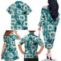 Aloha Hawaii Paniolo Teal Palaka Family Matching Off The Shoulder Long Sleeve Dress and Hawaiian Shirt Coastal Rodeo - Polynesian Pride