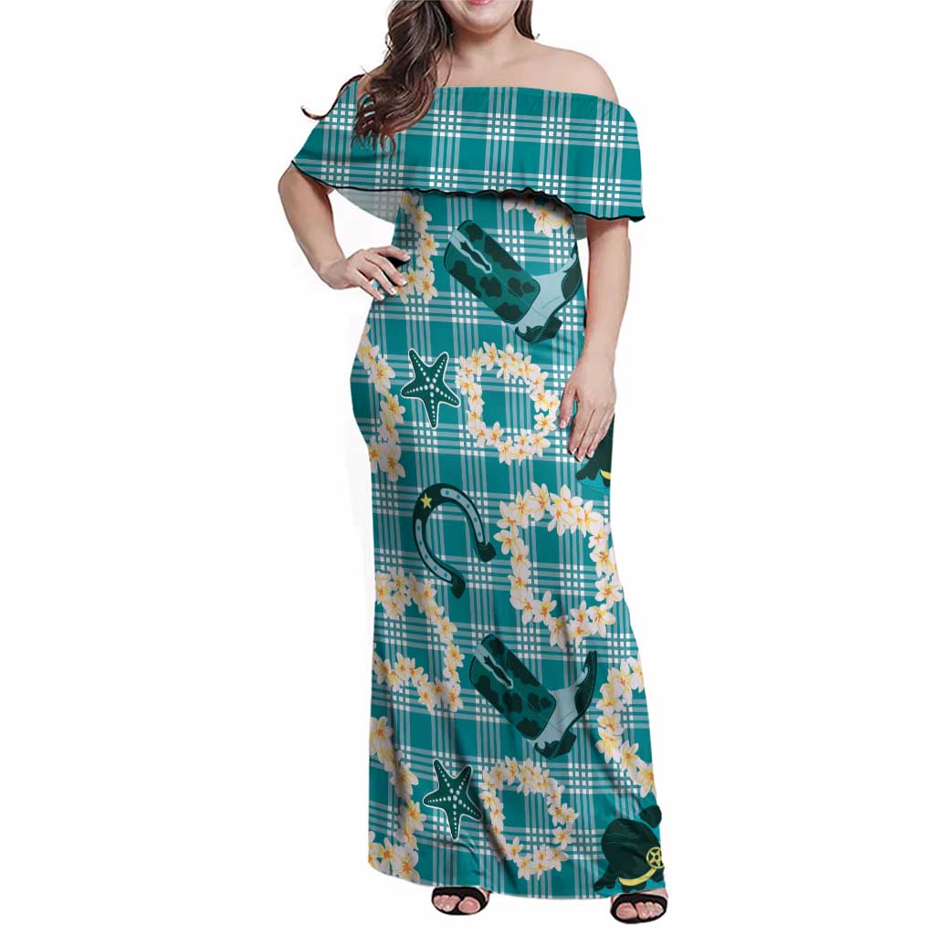 Aloha Hawaii Paniolo Teal Palaka Family Matching Off Shoulder Maxi Dress and Hawaiian Shirt Coastal Rodeo - Polynesian Pride