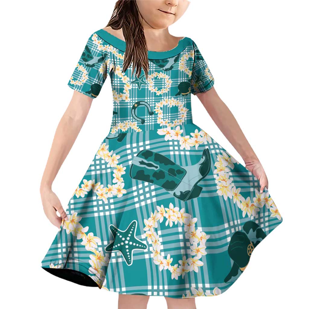 Aloha Hawaii Paniolo Teal Palaka Family Matching Off Shoulder Short Dress and Hawaiian Shirt Coastal Rodeo - Polynesian Pride