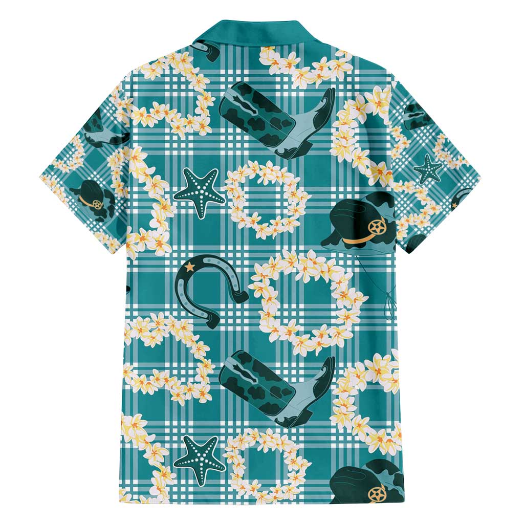 Aloha Hawaii Paniolo Teal Palaka Family Matching Off Shoulder Short Dress and Hawaiian Shirt Coastal Rodeo - Polynesian Pride
