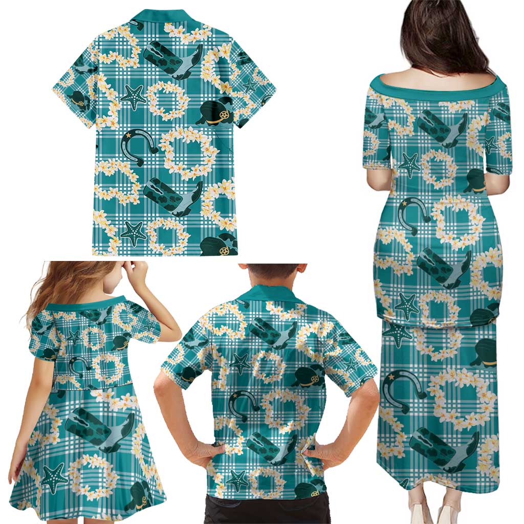 Aloha Hawaii Paniolo Teal Palaka Family Matching Puletasi and Hawaiian Shirt Coastal Rodeo - Polynesian Pride