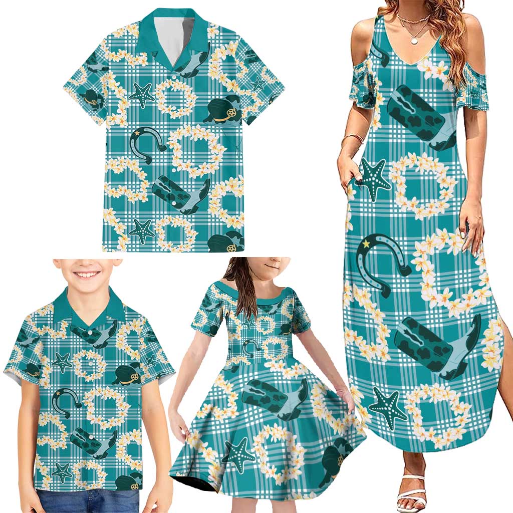 Aloha Hawaii Paniolo Teal Palaka Family Matching Summer Maxi Dress and Hawaiian Shirt Coastal Rodeo - Polynesian Pride