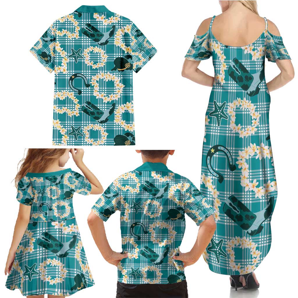 Aloha Hawaii Paniolo Teal Palaka Family Matching Summer Maxi Dress and Hawaiian Shirt Coastal Rodeo - Polynesian Pride
