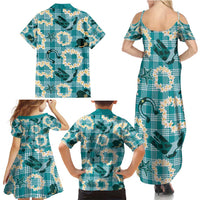 Aloha Hawaii Paniolo Teal Palaka Family Matching Summer Maxi Dress and Hawaiian Shirt Coastal Rodeo - Polynesian Pride