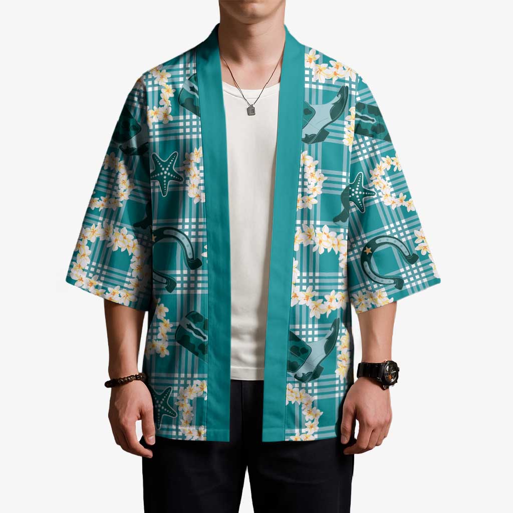 Aloha Hawaii Paniolo Teal Palaka Kimono Coastal Rodeo - Polynesian Pride