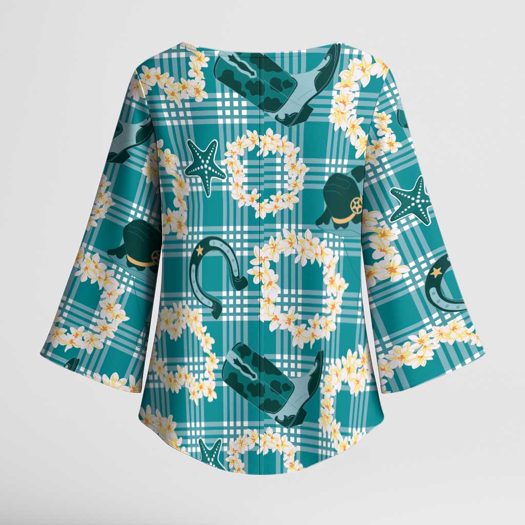 Aloha Hawaii Paniolo Teal Palaka Kimono Sleeve Blouse Coastal Rodeo - Polynesian Pride