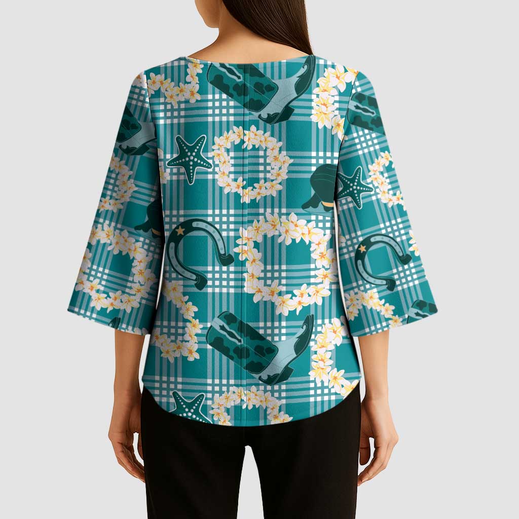 Aloha Hawaii Paniolo Teal Palaka Kimono Sleeve Blouse Coastal Rodeo - Polynesian Pride
