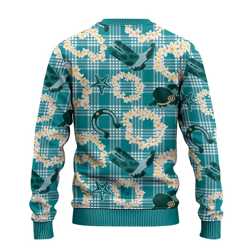 Aloha Hawaii Paniolo Teal Palaka Ugly Christmas Sweater Coastal Rodeo - Polynesian Pride