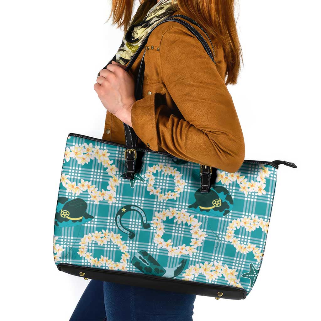 Aloha Hawaii Paniolo Teal Palaka Leather Tote Bag Coastal Rodeo - Polynesian Pride