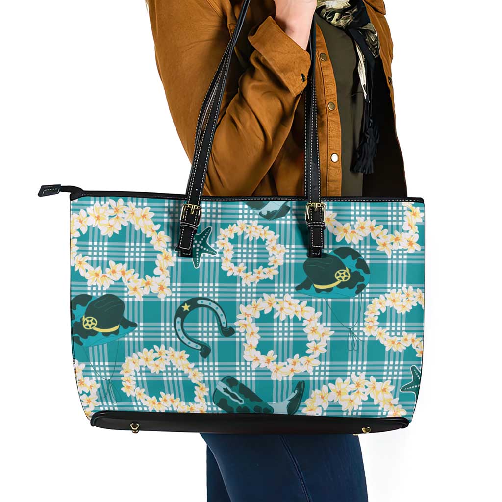 Aloha Hawaii Paniolo Teal Palaka Leather Tote Bag Coastal Rodeo - Polynesian Pride