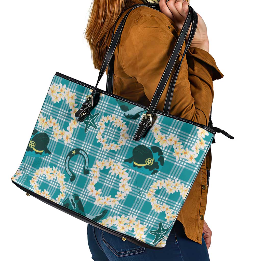 Aloha Hawaii Paniolo Teal Palaka Leather Tote Bag Coastal Rodeo - Polynesian Pride