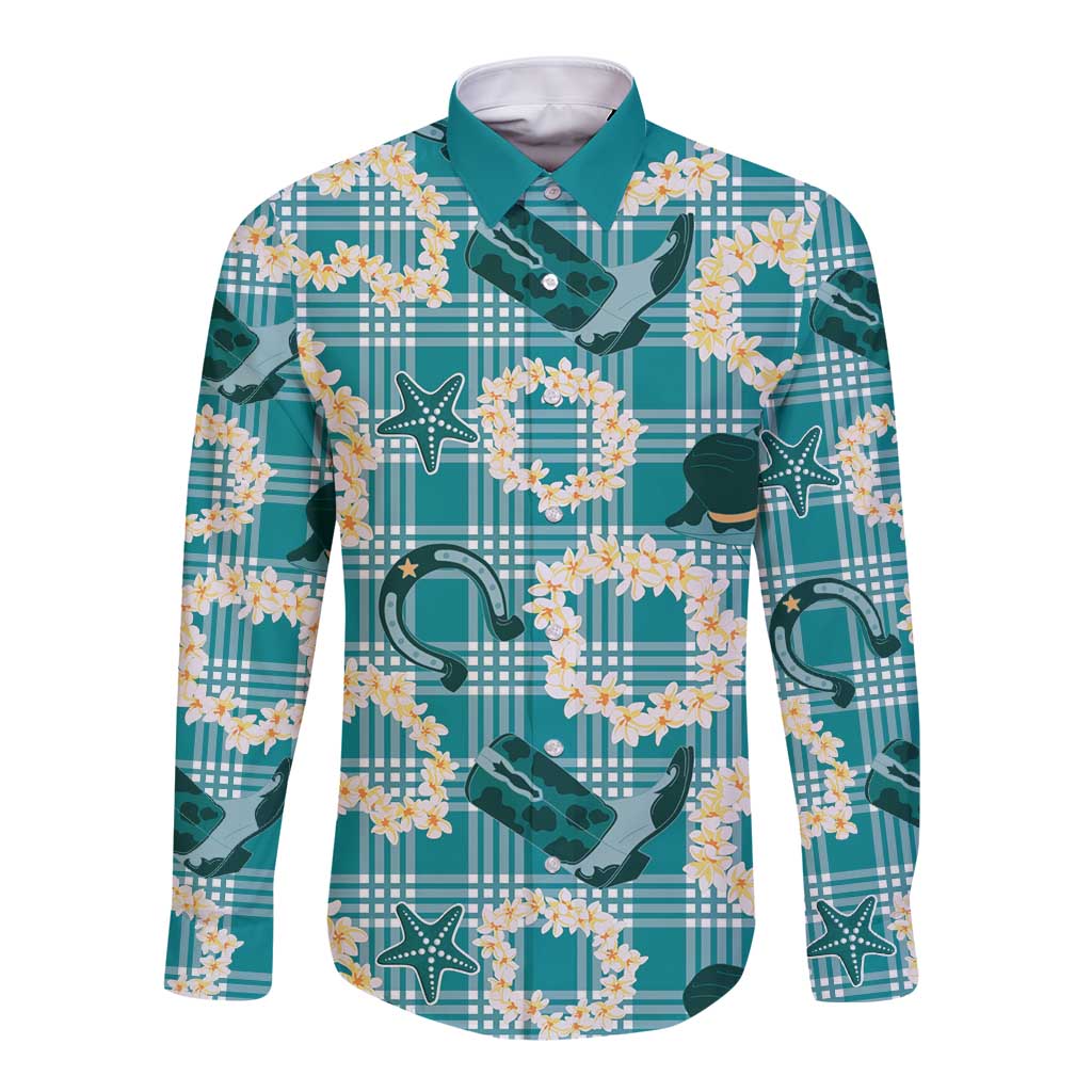 Aloha Hawaii Paniolo Teal Palaka Long Sleeve Button Shirt Coastal Rodeo - Polynesian Pride