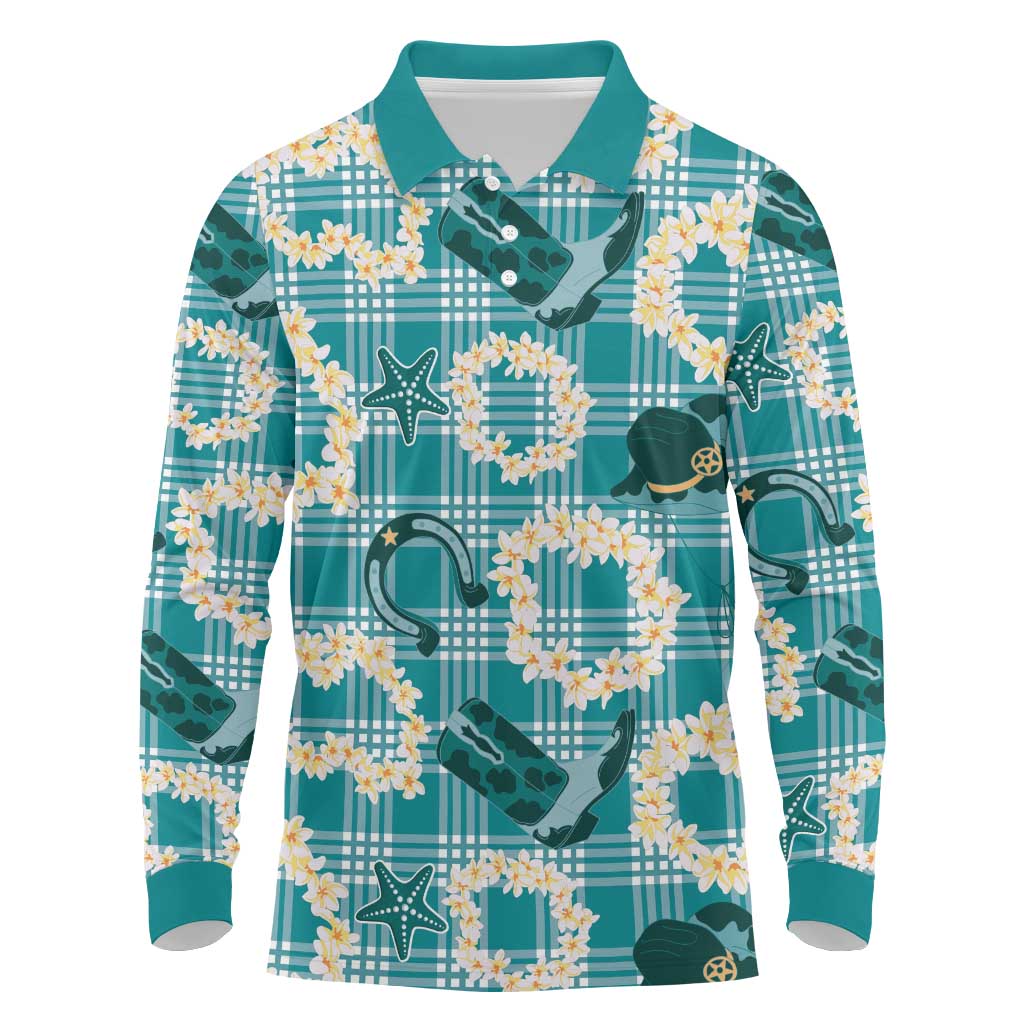 Aloha Hawaii Paniolo Teal Palaka Long Sleeve Polo Shirt Coastal Rodeo - Polynesian Pride