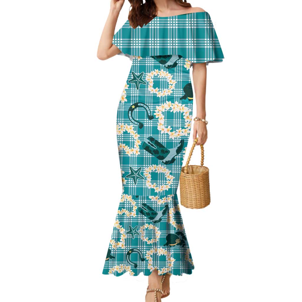 Aloha Hawaii Paniolo Teal Palaka Mermaid Dress Coastal Rodeo - Polynesian Pride