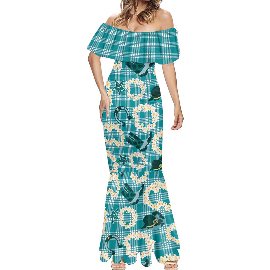 Aloha Hawaii Paniolo Teal Palaka Mermaid Dress Coastal Rodeo - Polynesian Pride