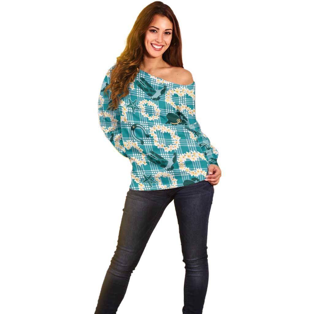 Aloha Hawaii Paniolo Teal Palaka Off Shoulder Sweater Coastal Rodeo - Polynesian Pride