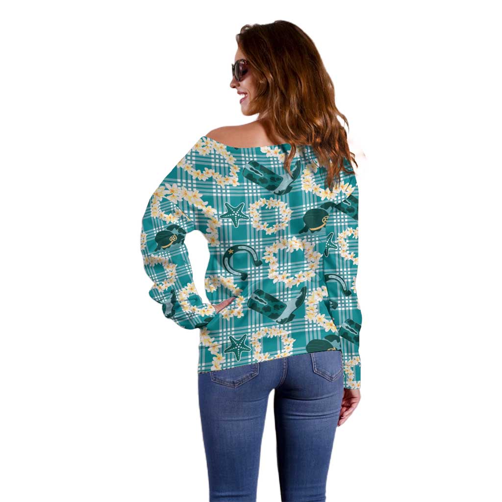 Aloha Hawaii Paniolo Teal Palaka Off Shoulder Sweater Coastal Rodeo - Polynesian Pride
