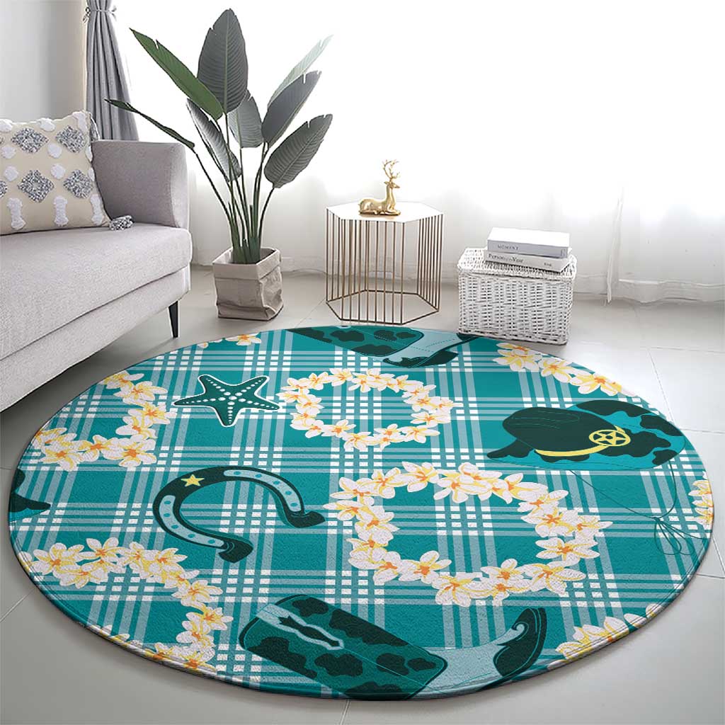Aloha Hawaii Paniolo Teal Palaka Round Carpet Coastal Rodeo - Polynesian Pride