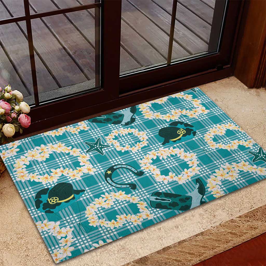 Aloha Hawaii Paniolo Teal Palaka Rubber Doormat Coastal Rodeo - Polynesian Pride