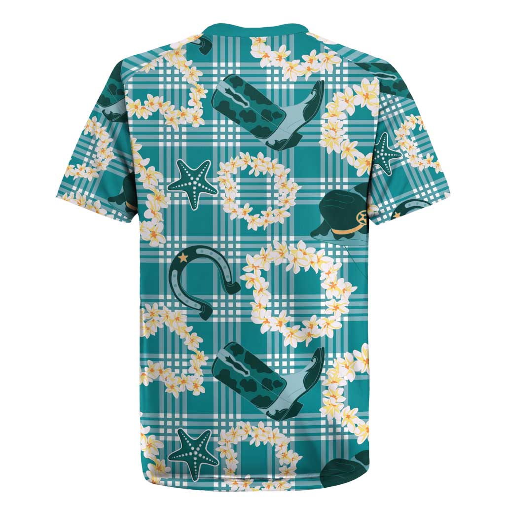 Aloha Hawaii Paniolo Teal Palaka Rugby Jersey Coastal Rodeo - Polynesian Pride