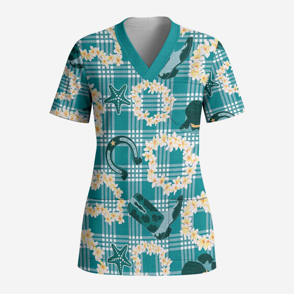 Aloha Hawaii Paniolo Teal Palaka Scrub Top Coastal Rodeo - Polynesian Pride