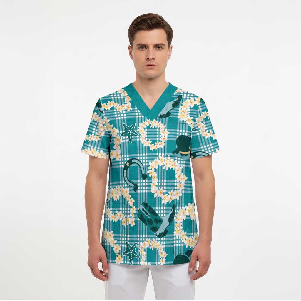 Aloha Hawaii Paniolo Teal Palaka Scrub Top Coastal Rodeo - Polynesian Pride