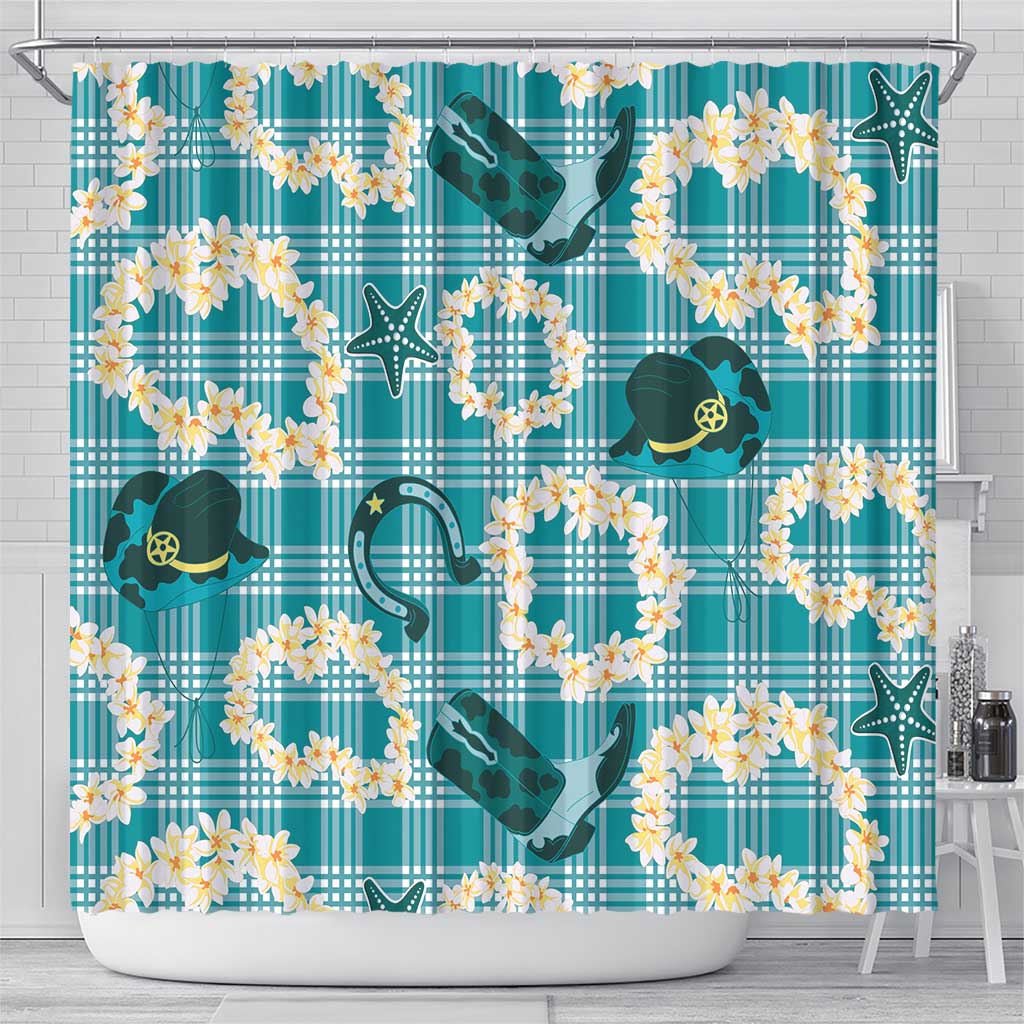 Aloha Hawaii Paniolo Teal Palaka Shower Curtain Coastal Rodeo - Polynesian Pride