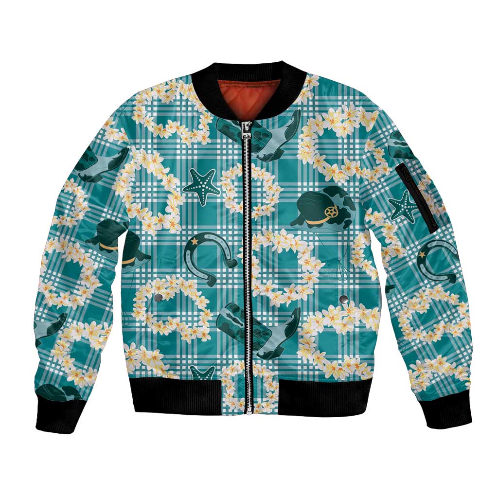 Aloha Hawaii Paniolo Teal Palaka Sleeve Zip Bomber Jacket Coastal Rodeo - Polynesian Pride
