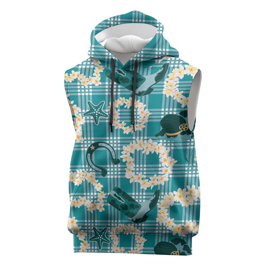 Aloha Hawaii Paniolo Teal Palaka Sleeveless Hoodie Coastal Rodeo - Polynesian Pride