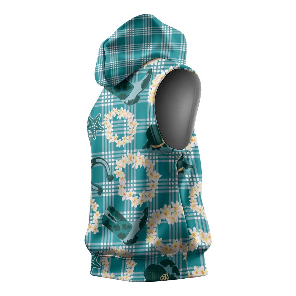 Aloha Hawaii Paniolo Teal Palaka Sleeveless Hoodie Coastal Rodeo - Polynesian Pride