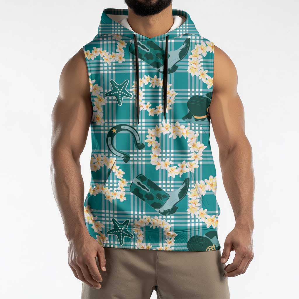 Aloha Hawaii Paniolo Teal Palaka Sleeveless Hoodie Coastal Rodeo - Polynesian Pride