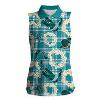Aloha Hawaii Paniolo Teal Palaka Women Sleeveless Polo Shirt Coastal Rodeo - Polynesian Pride